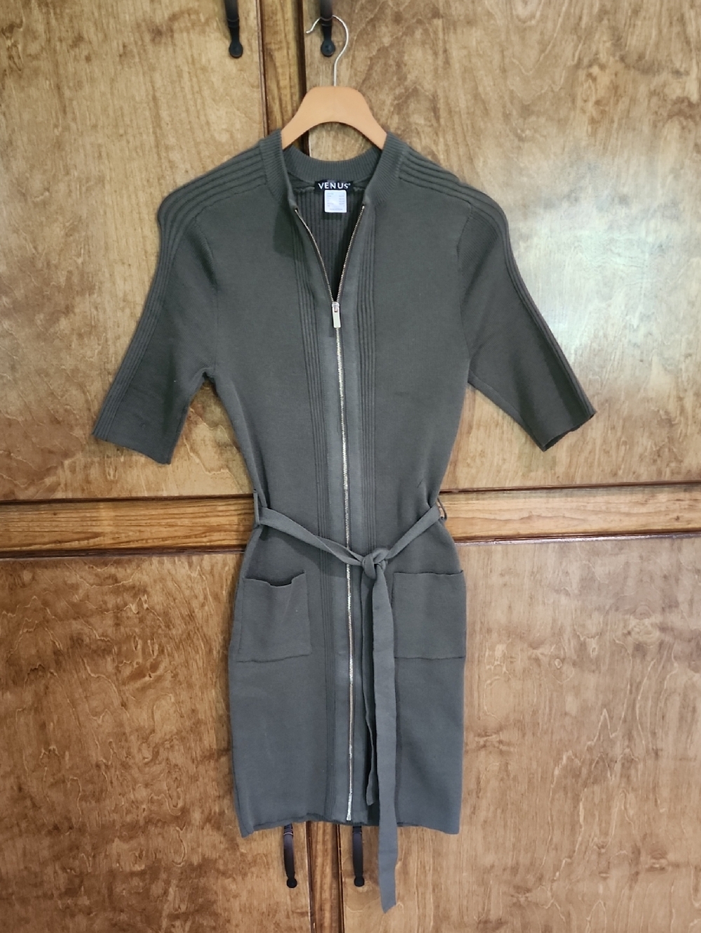 VENUS Olive Zip-Front Midi Dress with Tie Belt